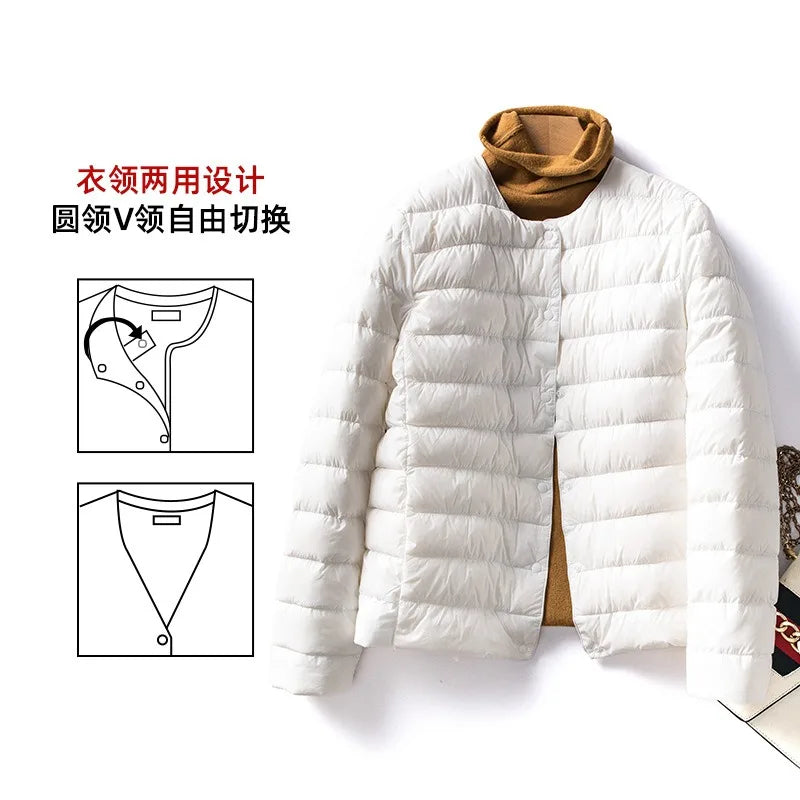 Light Down Coat Women Liner Duck Down Jacket O-neck Variable V-neck New Female Winter Collarless Ultralight Quilted Puffer Coat