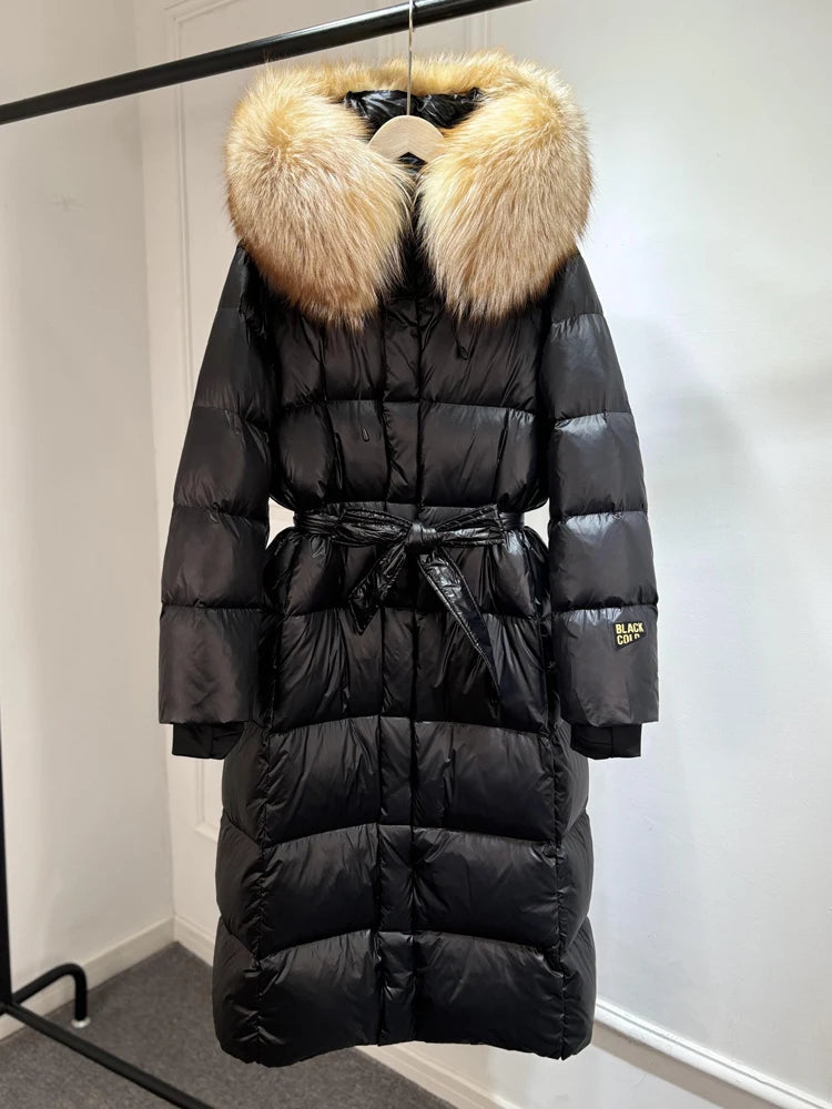 Janveny X-long Shiny Puffer Jacket Women Hooded Winter Thick Goose Down Coat Belt Large Natural Fox Fur Female Parkas Waterproof