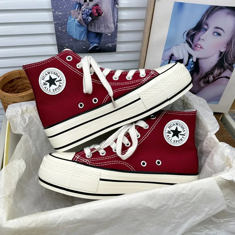 2024 New Style Korean Versatilewine Red High Top Shiny Canva Women's Shoes With Thick Sole 4CM Low Top Sneaker H-1