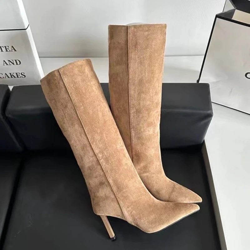 SUOJIALUN Brand Women Long Boots Fashion Pointed Toe Slip On Ladies Elegant Knee-high Boots Thin High heel Outdoor Dress Pumps