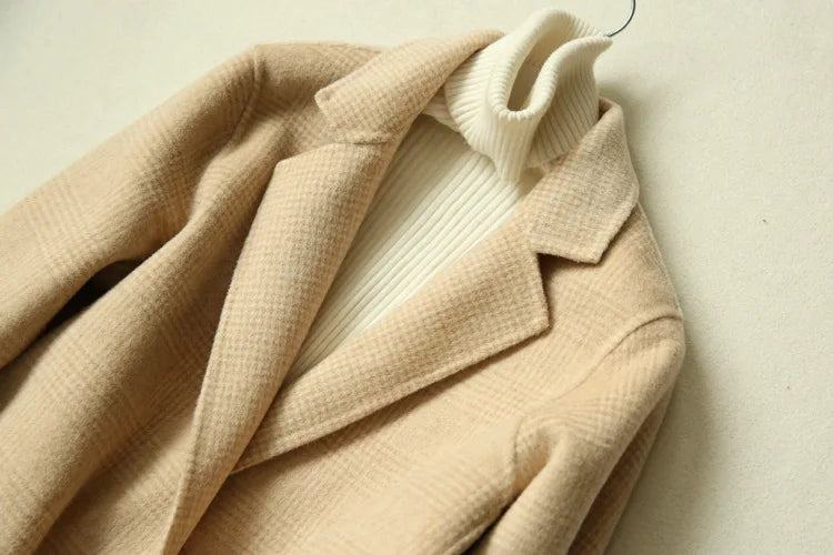Handmade Sewn Double-sided Woolen Blazer Women Spring Autumn Plaid Wool Overcoat Office Lady Casual Suit Coat Thick Jacket