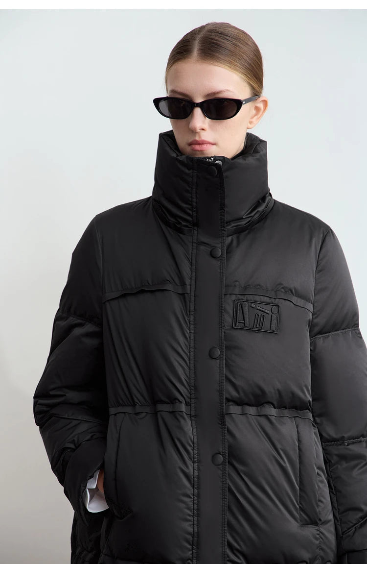 Amii 2024 Winter New Women's Velcro Loose Coat Top Warm Stand-up Collar Letter Embroidered Seal Zipper Down Jacket 12444103