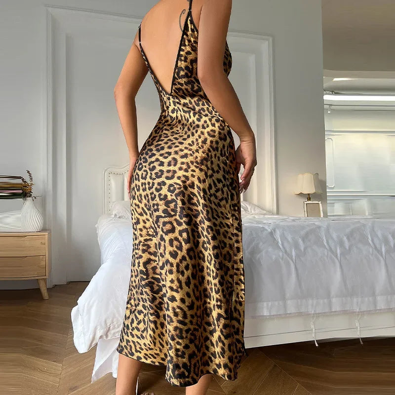 Fashion Backless Slit Ice Silk Camisole Skirt Nightgown Women's Summer Thin Breathable Imitation Silk Sexy Leopard Print Pajamas