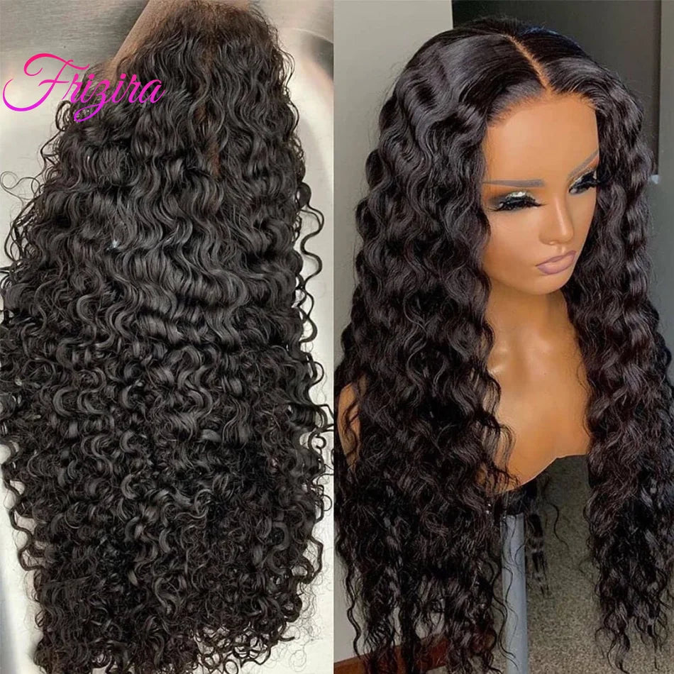 13x6 Deep Wave Lace Front Wigs Human Hair 200% Density Curly Human Hair Wig for Women Natural Black HD Transparent Lace Frontal