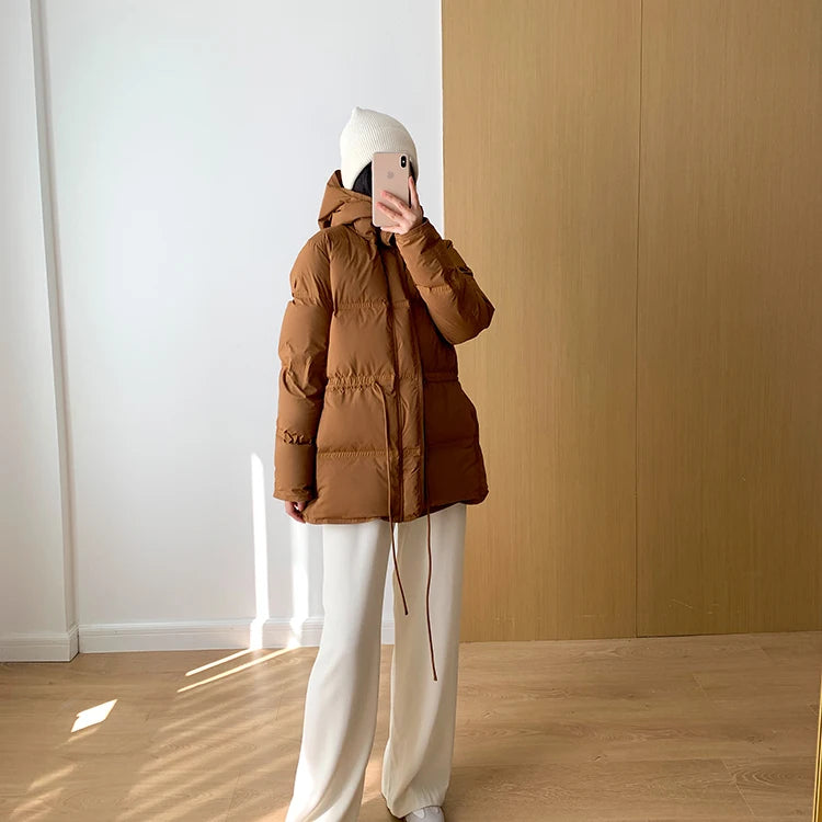 2023 New Autumn Winter Women Fashion Hooded 90% White Duck Down Coat Lady Slim Thick Warm Zipper Drawstring Lace-up Snow Jacket