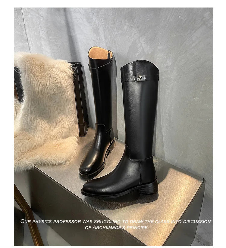 Genuine Leather Thick-Soled Autumn Winter New Style Chunky Heel Rhinestone Buckle High Tube Riding Over-The-Knee Long Boots