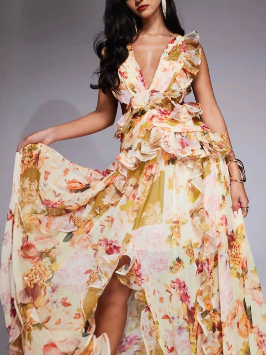 VGH Runway Style Maxi Dresses for Women V Neck Sleeveless High Waist Patchwork Ruffles Edge French Sexy Printed Dress Female New