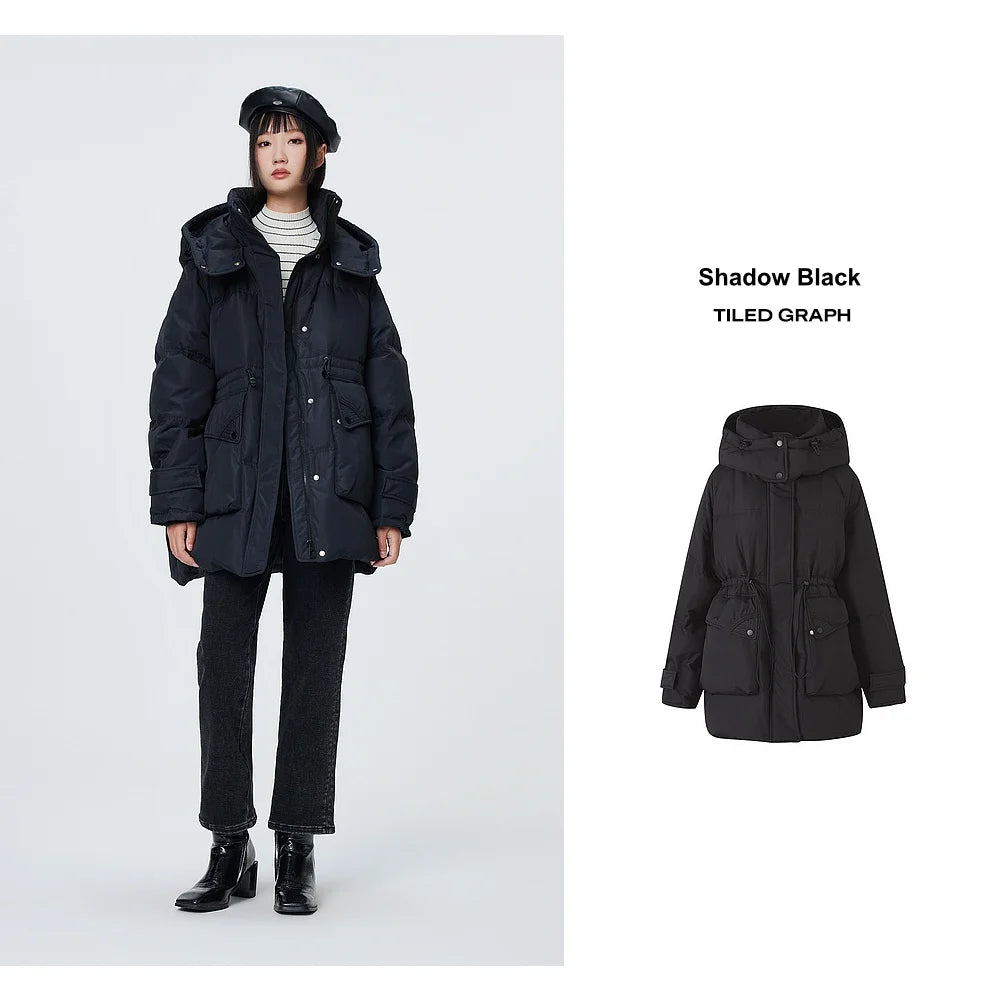 Metersbonwe Women's  Oversized Long Hooded Down Jacket Adjustable Pig Nose Buckle Waist Belt Utility Duck Down Parka Warm Winter