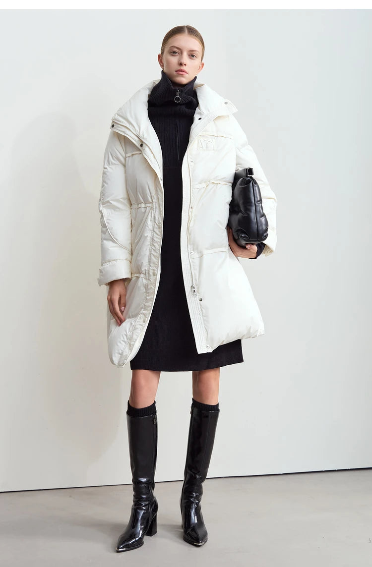 Amii 2024 Winter New Women's Velcro Loose Coat Top Warm Stand-up Collar Letter Embroidered Seal Zipper Down Jacket 12444103