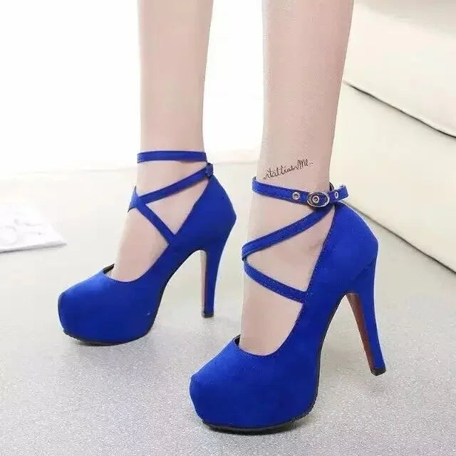 Women's Fashion High Heels round Toe Slip-On Cross Buckle Shoes Thin Heel Summer Rubber Sole Leather Micro Fiber Shoes