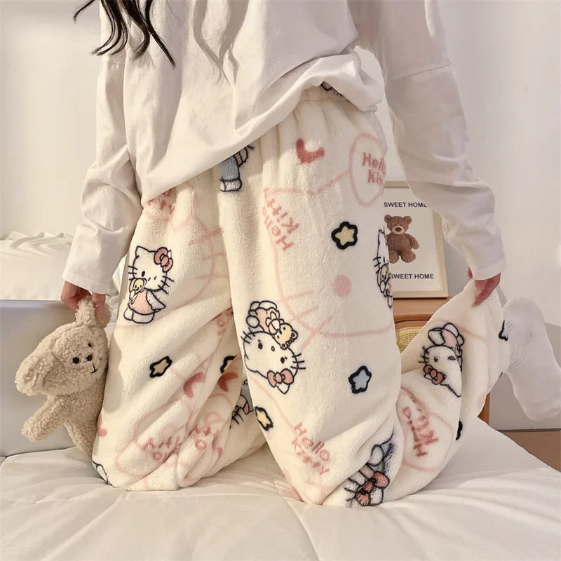 HelloKitty Warm Coral Velvet Sleepers Women's Flannel and Velvet Thick Pants Sleepwear Plush Large Home Pants