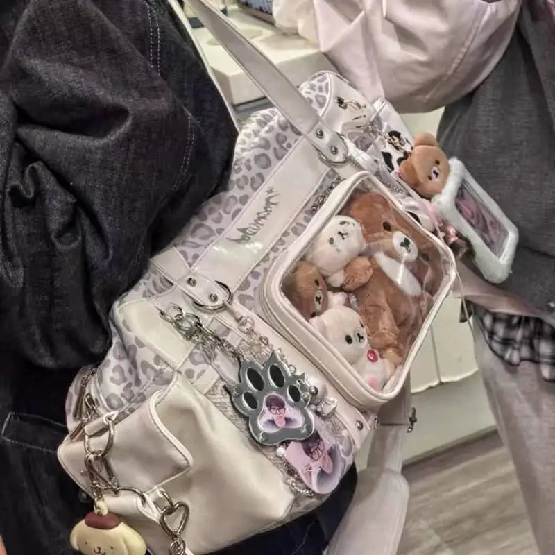 New Y2k Leopard Ita Shoulder Bag Lolita Girls Transparent Tote Bag Womens Large Capacity Crossbody Bag Cute DIY Display Handbags