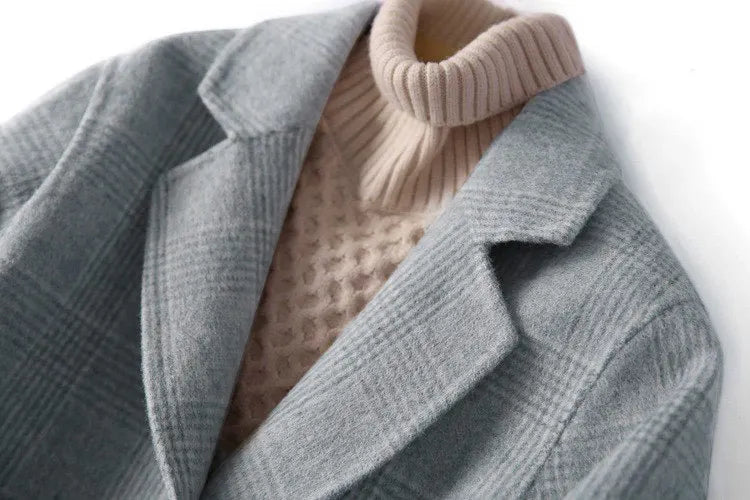 Handmade Sewn Double-sided Woolen Blazer Women Spring Autumn Plaid Wool Overcoat Office Lady Casual Suit Coat Thick Jacket
