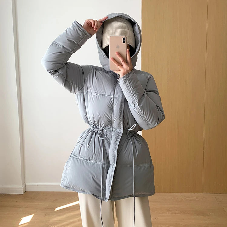 2023 New Autumn Winter Women Fashion Hooded 90% White Duck Down Coat Lady Slim Thick Warm Zipper Drawstring Lace-up Snow Jacket