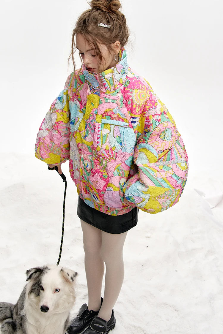 ELFSACK 2024 Winter New Arrivals Stand collar loose full printed short down jacket for women