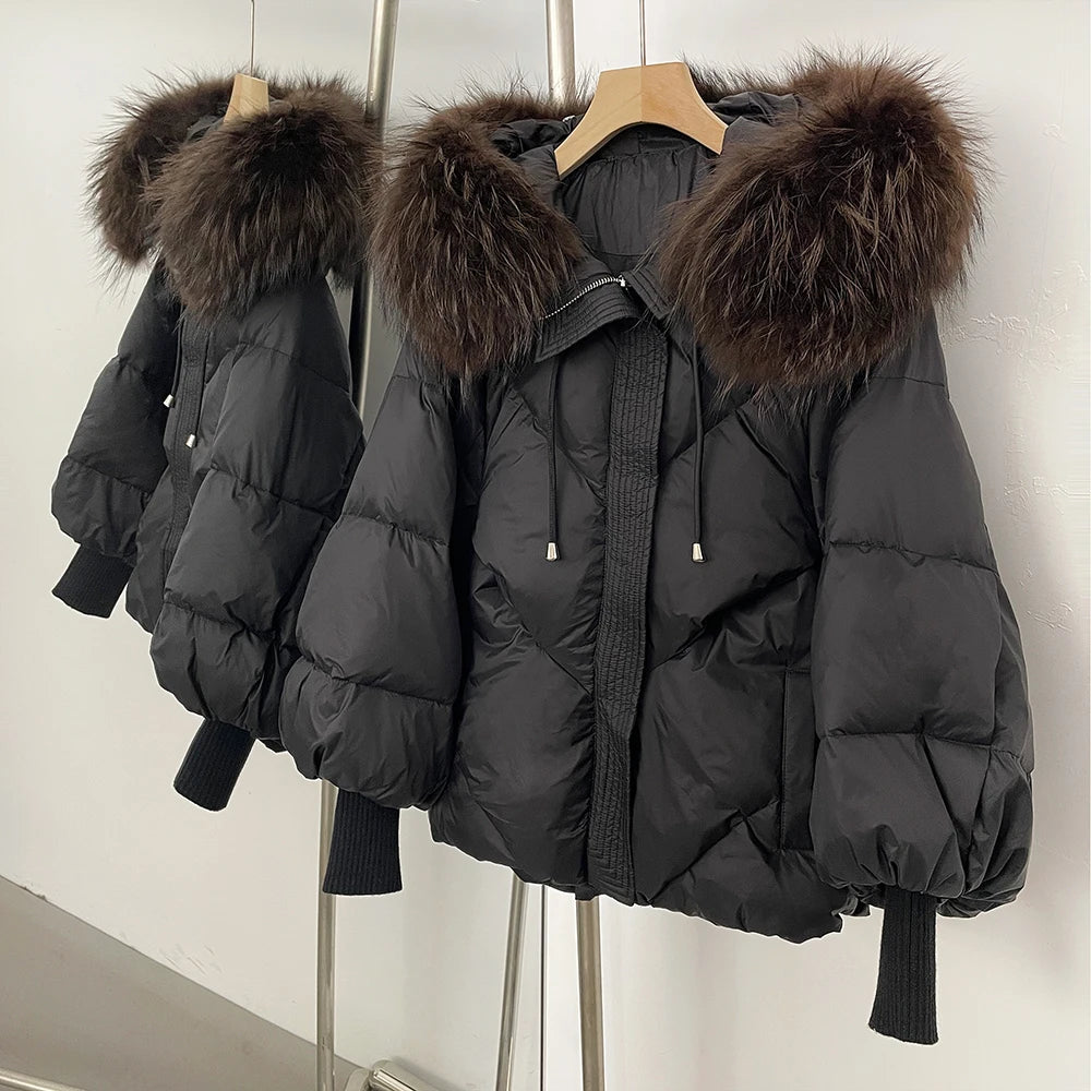 Duck Down Coat Women Winter Real Fox Fur Raccoon Fur Collar Hooded Down Jacket Detachable Thick Warm Loose Streetwear Outerwear