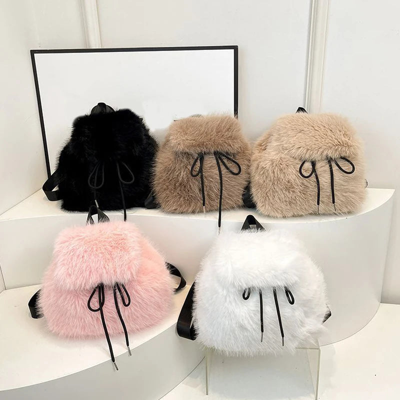 Winter Soft Plush Ladies Schoolbag Solid Color Female Furry Shoulder Bags Handbags Fashion Luxury Fake Fur Women's Backpack