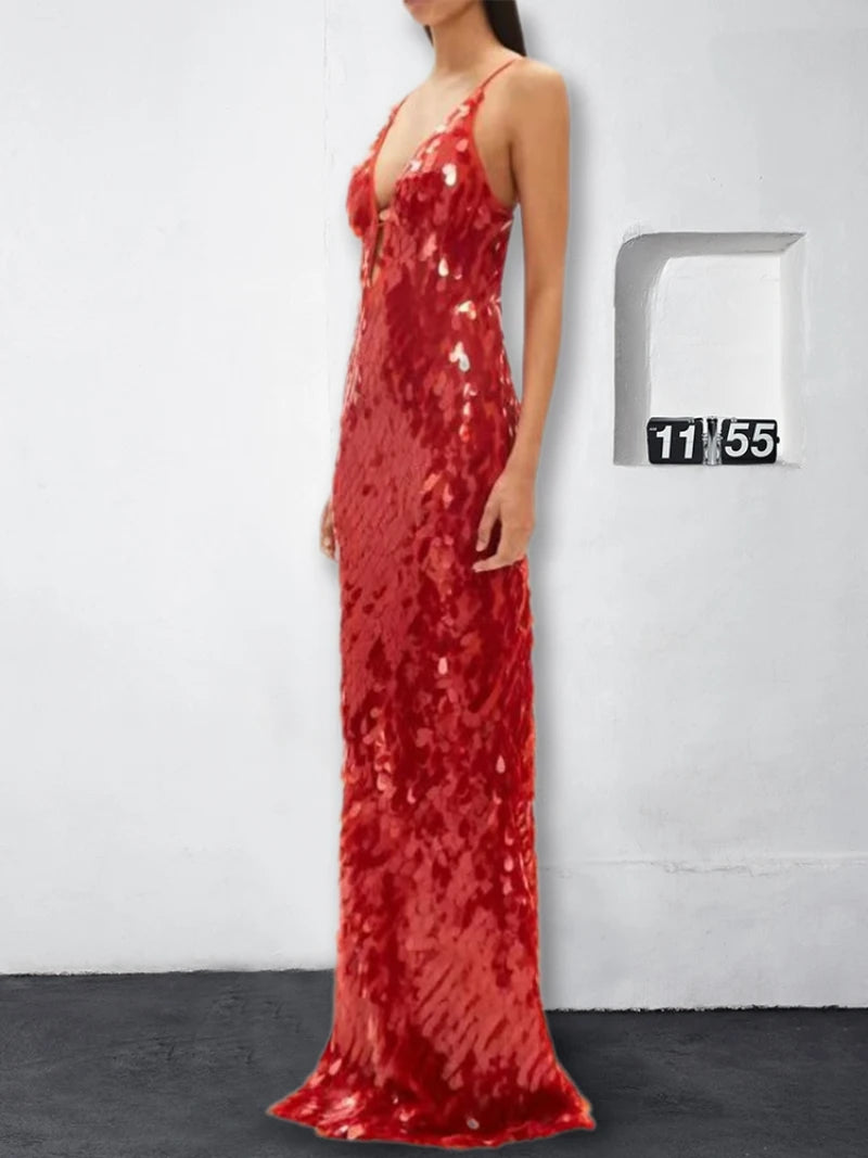Sexy Women Maxi Dresses Elegant Sequins Sleeveless Female Long Dress Fashion  Solid Deep V Neck Ladies Party Robe Dress