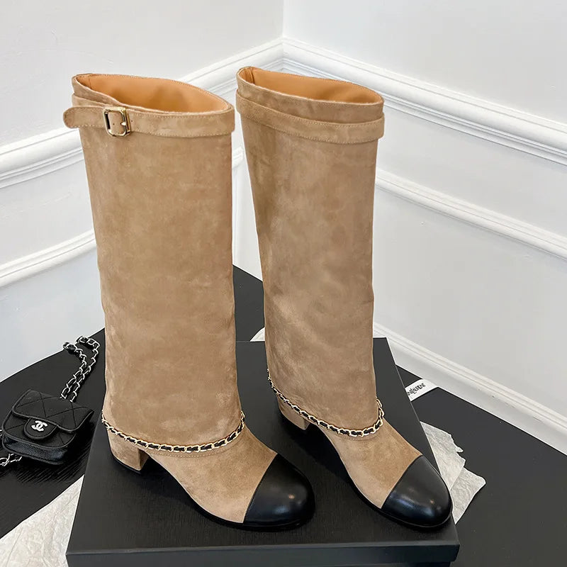 Arden Furtado 2024 Cowhide Mixed Colors Knee high boots Round toe Suede Pull-on Turned-over Edge Chunky heels Modern boots