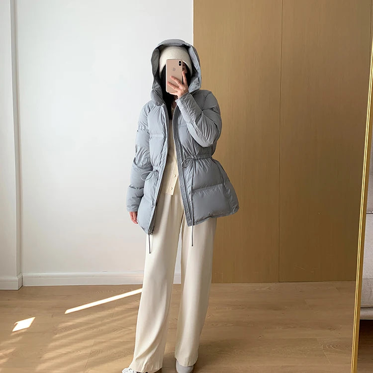 2023 New Autumn Winter Women Fashion Hooded 90% White Duck Down Coat Lady Slim Thick Warm Zipper Drawstring Lace-up Snow Jacket