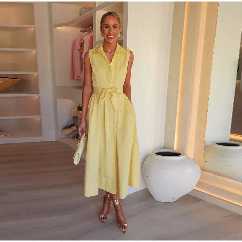Elegant Single Breasted Khaki Long Dress Women Lapel Short Sleeve Pleat Slim Waist A-line Dresses 2025 Summer Autumn Lady Robes