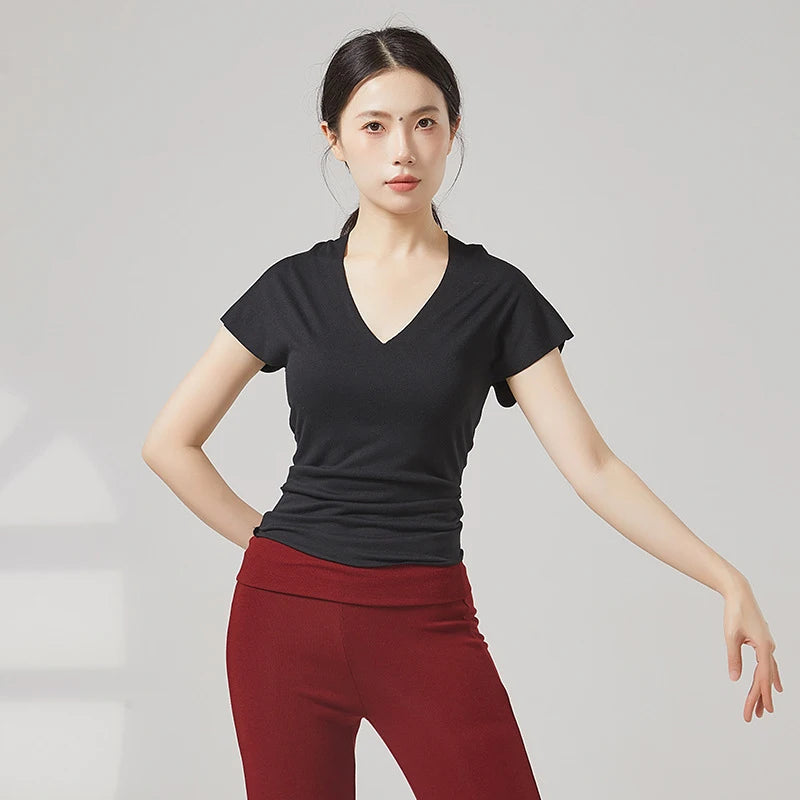 Modern Dance Clothes Women  V-Neck Seamless Short Sleeve T-Shirt Elegant Stage Costume Basic Training Tops Casual Summer Blouse