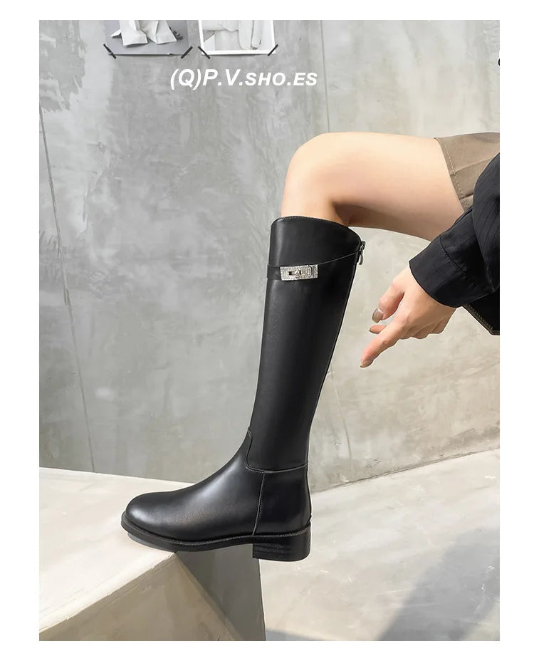 Genuine Leather Thick-Soled Autumn Winter New Style Chunky Heel Rhinestone Buckle High Tube Riding Over-The-Knee Long Boots