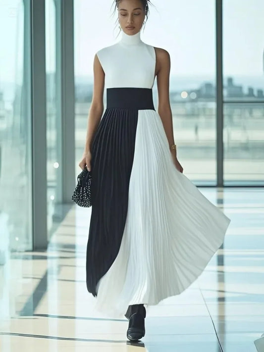Missuoo 2025 Elegant Evening Dress for Women High Neck Sleeveless Pleated Maxi Dress Contrast Color High Waist Wedding Dresses