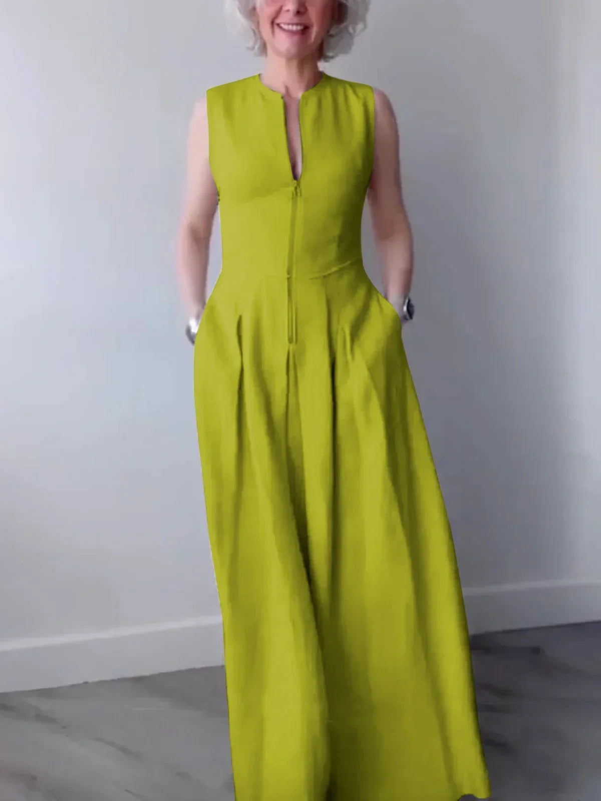 Lemongor Women Fashion Solid Color Zipper A-Line Dress 2025 New Summer Sleeveless Pockets Pleated Party Evening Maxi Dresses