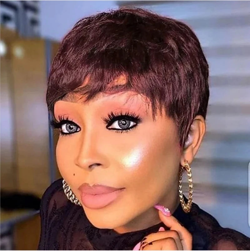 99J Colored Short Straight Bob Pixie Human Hair Wig Full Machine Made For Women Brazilian Remy Hair Burgundy Red Bob Wigs