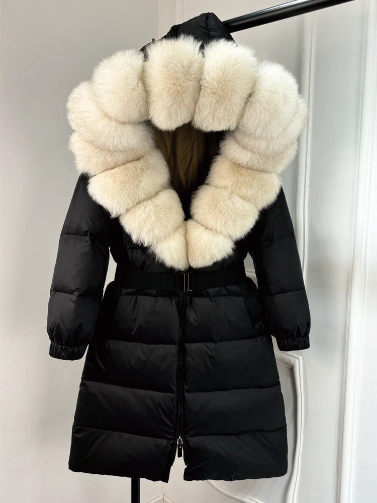 Lagabogy 2025 Winter Puffer Jacket Women Real Fox Fur Hooded Collar Thick Warm Long White Duck Down Coat Loose Luxury Outerwear