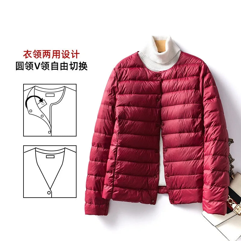 Light Down Coat Women Liner Duck Down Jacket O-neck Variable V-neck New Female Winter Collarless Ultralight Quilted Puffer Coat