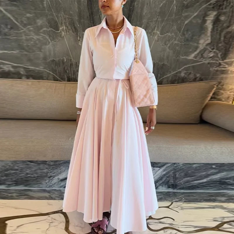 Elegant Single Breasted Khaki Long Dress Women Lapel Short Sleeve Pleat Slim Waist A-line Dresses 2025 Summer Autumn Lady Robes