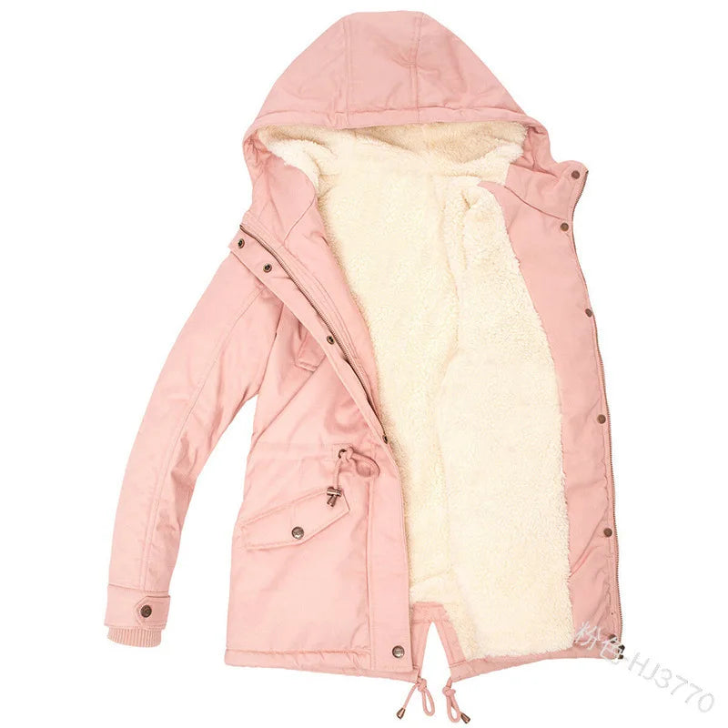 Women's Winter Jacket Warm Solid Plush Thickened Long Winter Coat Outdoor Hiking Hooded Casual Windproof Parka Coat Overcoat