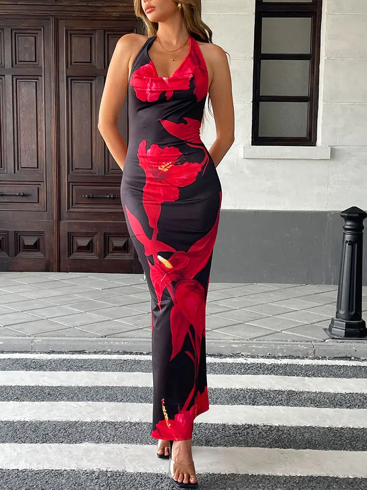 Women's Maxi Dresses Summer New Streetwear Fashion Lace-up Knitted Dress Red Sexy Female Print Backless Low Chest V-Neck Dresses