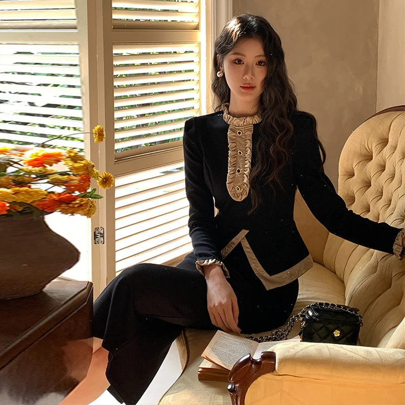 Women Clothes Black Vintage Outfits Elegant Ruffle O-Neck Tops Shirt Blouse And High Waist Midi Skirt Mujer 2 Pieces Set Formal