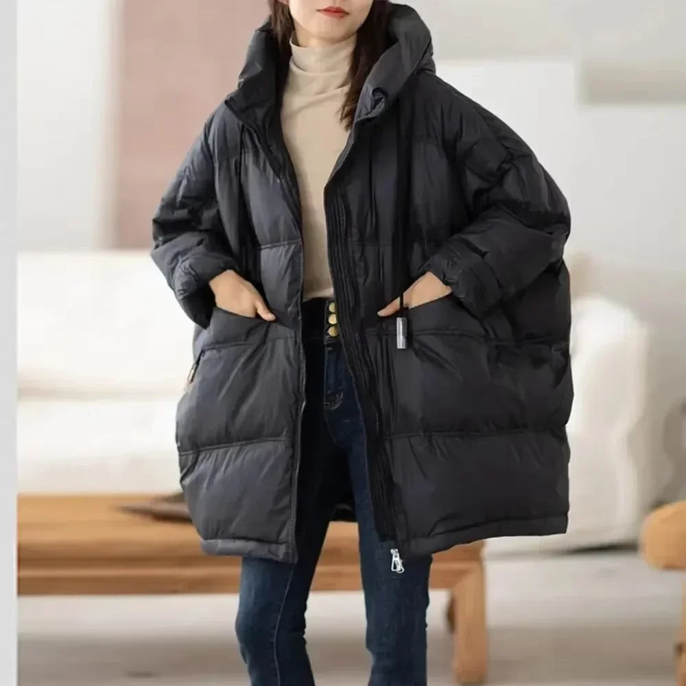 2024 New Winter Women 90% White Duck Down Jacket Casual Loose Over Size Warm Parka Female Drawstring Hooded Puffer Coat