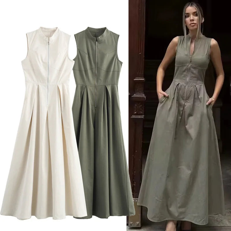 HXAO 2024 Woman Sleeveless Dresses Green White Women's Dress High waist Midi Dresses Evening Long Dresses