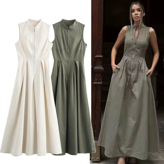 HXAO 2024 Woman Sleeveless Dresses Green White Women's Dress High waist Midi Dresses Evening Long Dresses