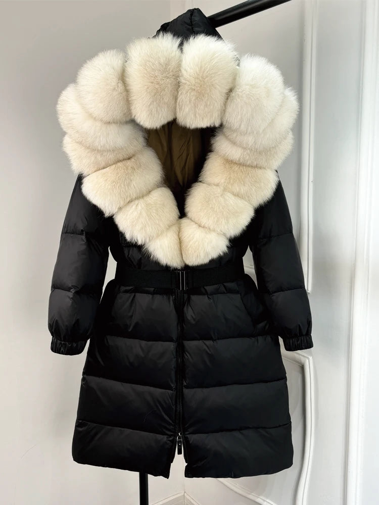 Lagabogy 2025 Winter Puffer Jacket Women Real Fox Fur Hooded Collar Thick Warm Long White Duck Down Coat Loose Luxury Outerwear