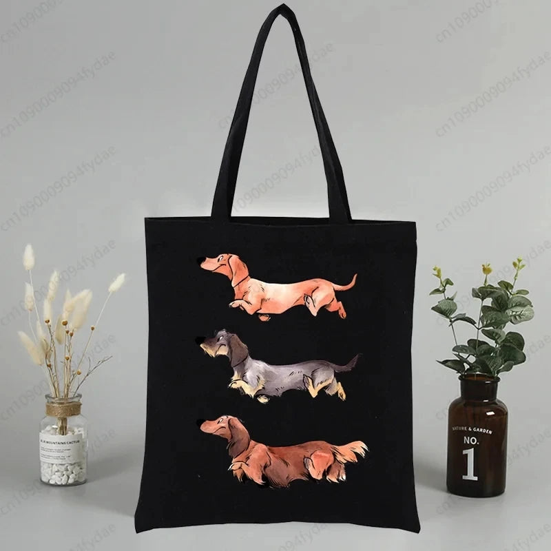 Dachshund Teckel Cute Dog  Canvas Tote Bag Printed Cartoon Reusable Cloth Bag Handbag Shopping Shoulder Bags Handbags Women