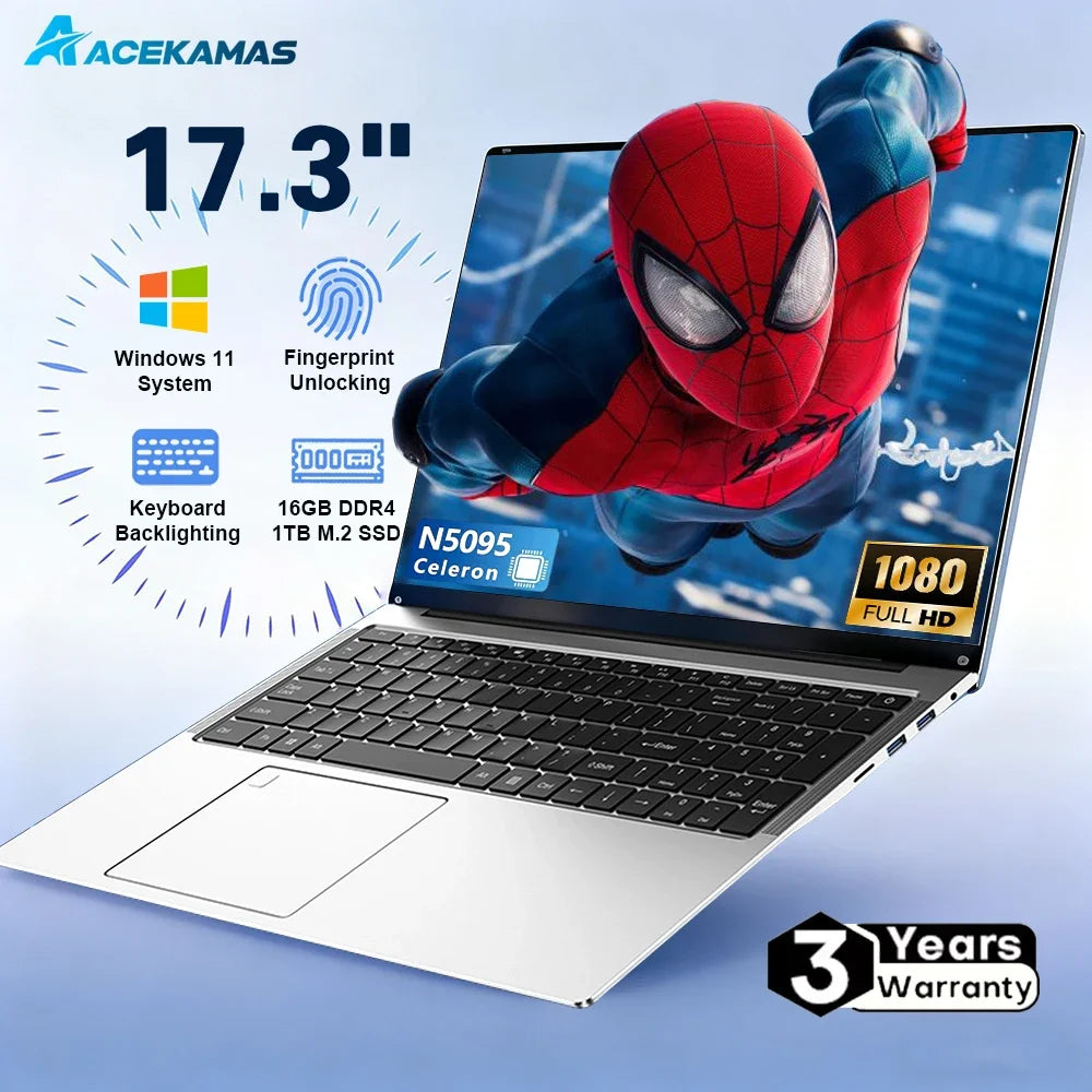 Hot 17.3" Laptop Computer Intel N5095 Windows 11 16GB DDR4 1TB SSD Fingerprint Unlock Gaming Office Study Laptop Computer