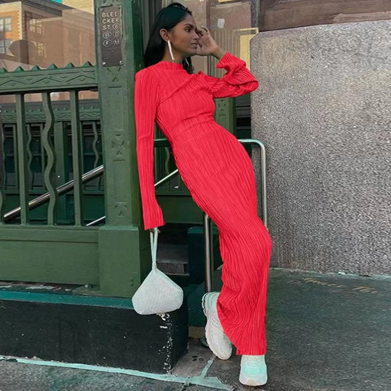 2024 Autumn Elegant Bodycon Dress Women Sexy Solid O Neck Flare Sleeves Long Summer Dresses Holiday Vestidos Black Red Orange
