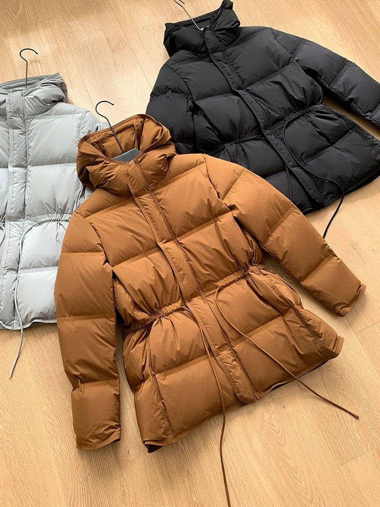 2023 New Autumn Winter Women Fashion Hooded 90% White Duck Down Coat Lady Slim Thick Warm Zipper Drawstring Lace-up Snow Jacket
