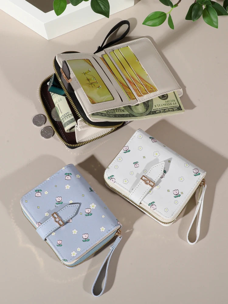 Flower patterned credit card holder for women or men's small card case with zipper hand-held wallet
