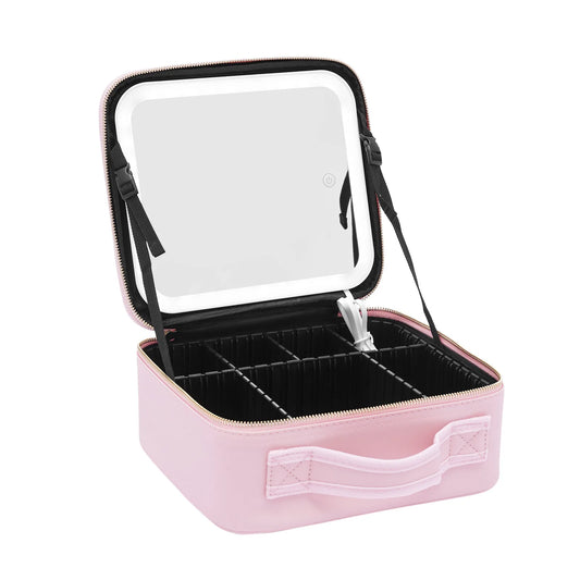 Makeup Train Case with Large Lighted Mirror Adjustable Brightness Large Cosmetic Organizer Storage Adjustable Dividers