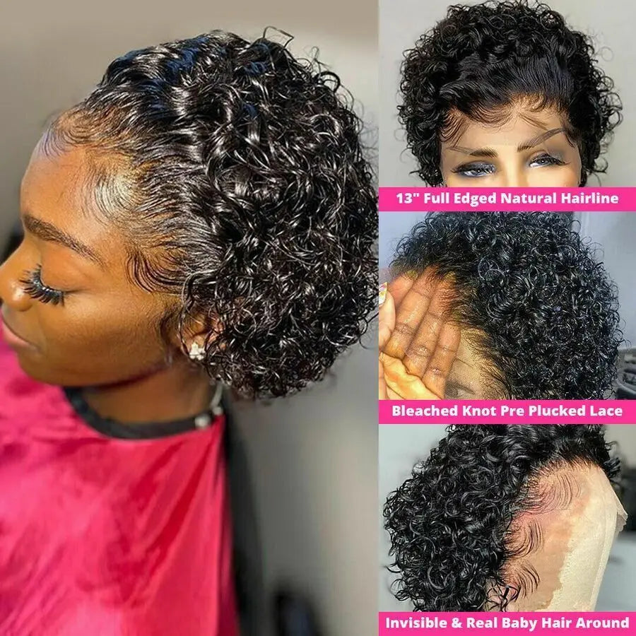 Pixie Cut Wig Water Wave Transparent Lace Frontal Wigs 13x1 Short Bob Human Hair Wigs For Women Perruque Cheveux On Sale 180%