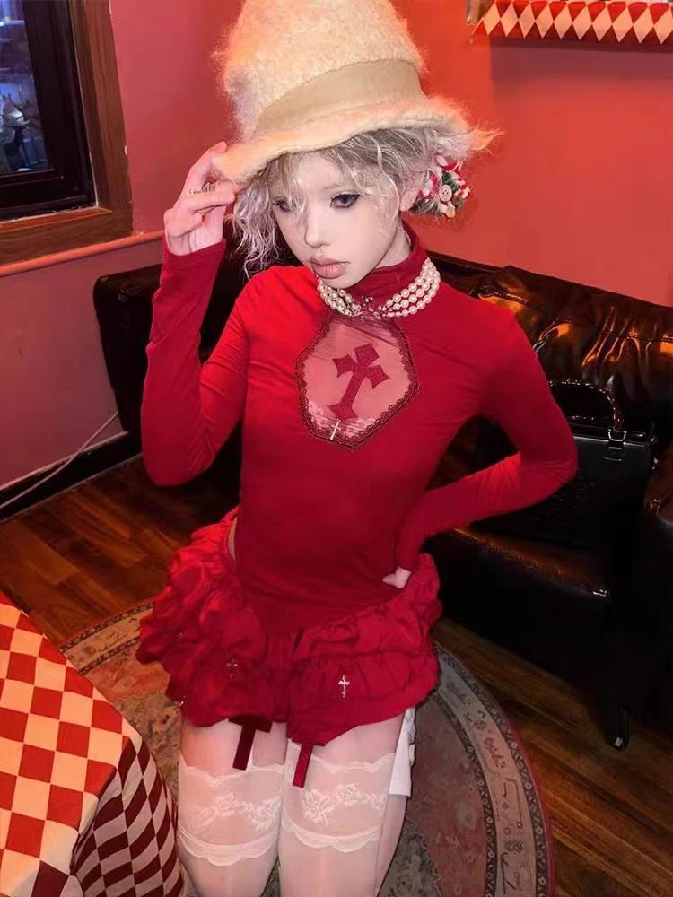 Long Sleeve Sexy Y2k T-shirt Women Tops High Neck Black Gothic Tees Cross Hollow Slimming Bottom Knitted Shirt Women Halloween