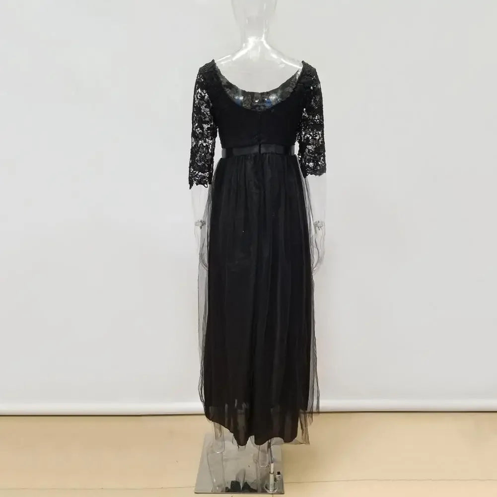 Women Maxi Dress Lace Flower Embroidery Pleated Floor Length Women Chiffon Long Dress Elegant Evening Gown Prom Party Dresses