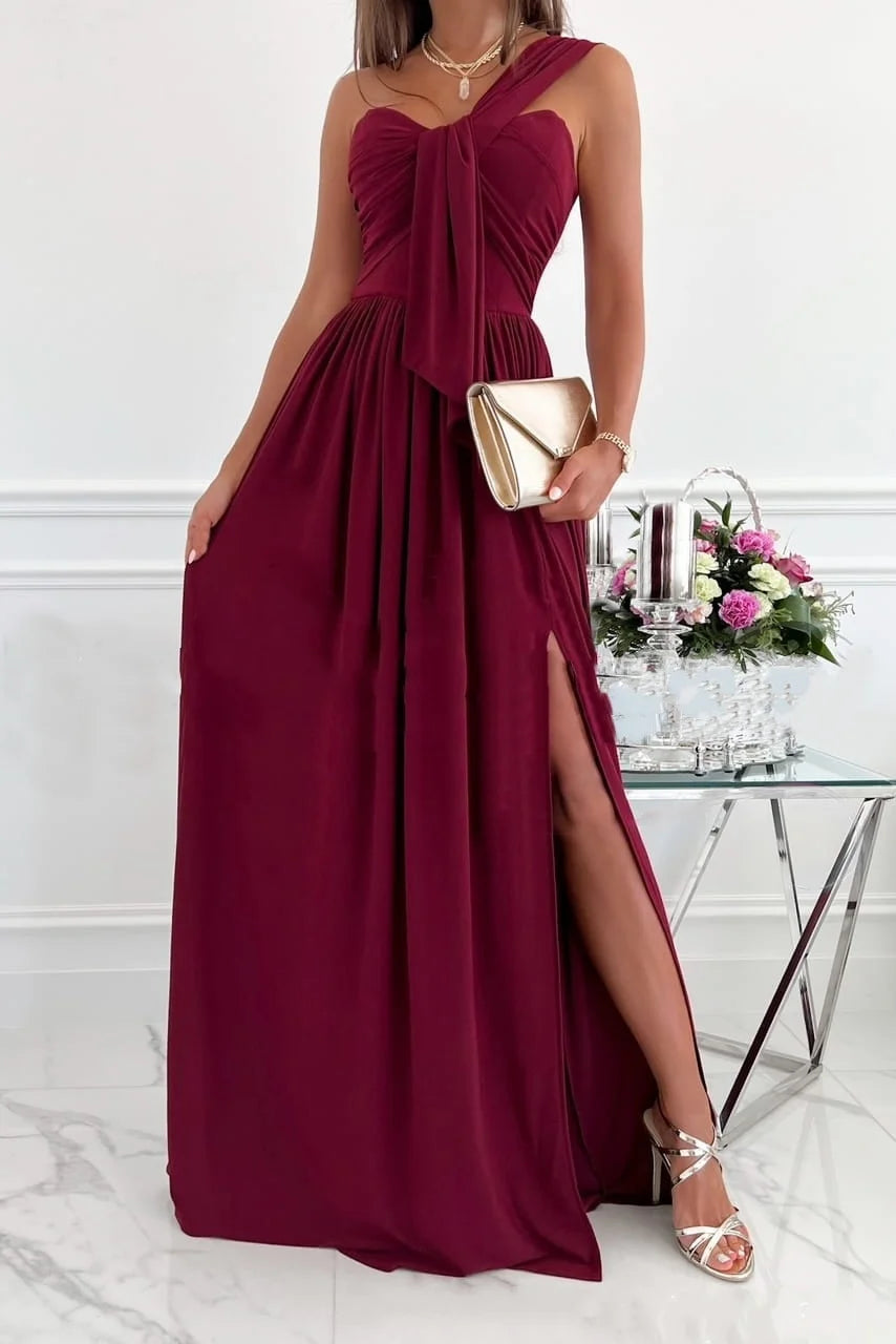 Party Long Maxi Dresses for Women Elegant One Shoulder Ruched Bandeau Evening Party Cocktail Gown Flowy Split Dress